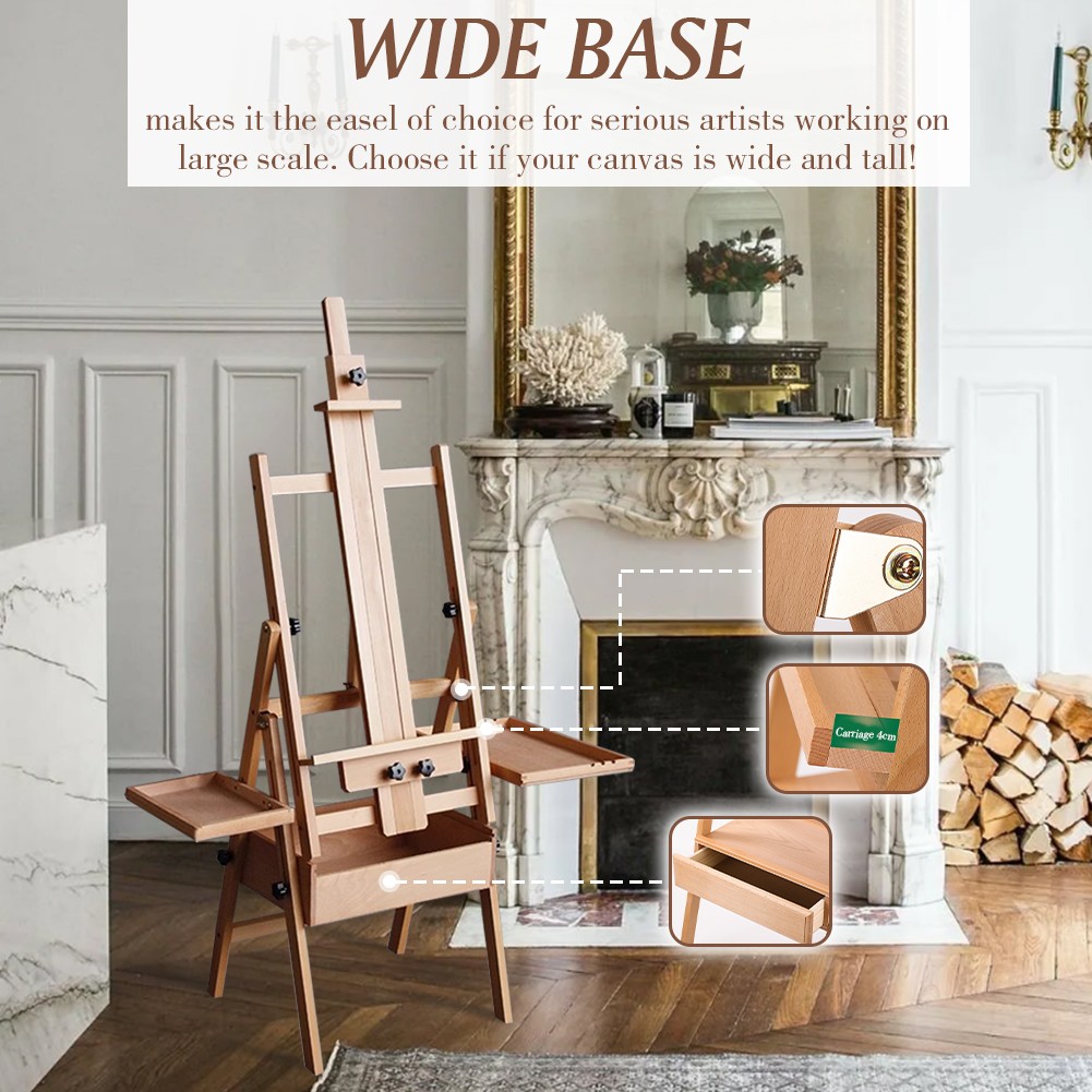 Large Wood H-Frame Easel with Storage Drawer and Palette, Foldable Art Painting