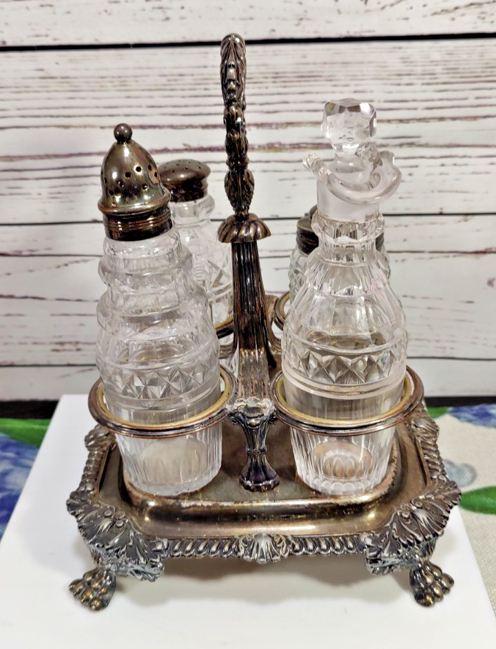 Antique Victorian Era Sliver Plated Four Cut Crystal Bottles Cruet Set