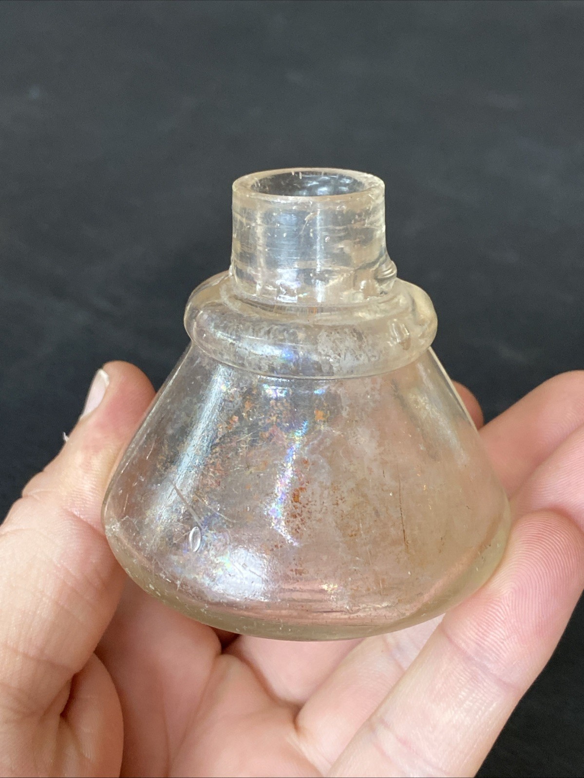 Antique Iridescent Clear Sheered Lip Cone Ring Shoulder 19th C Ink Well Bottle