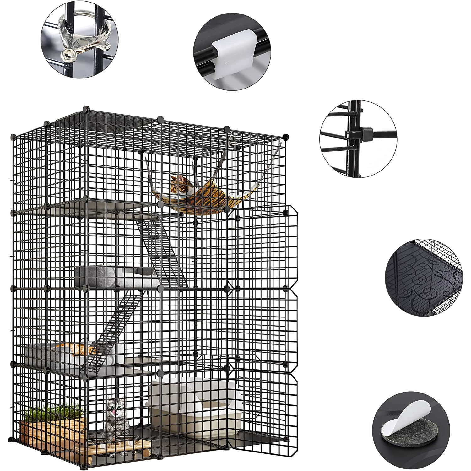 Large Cat Cage Enclosure Metal Wire 4-Tier Kennel DIY Playpen Catio with Hammock