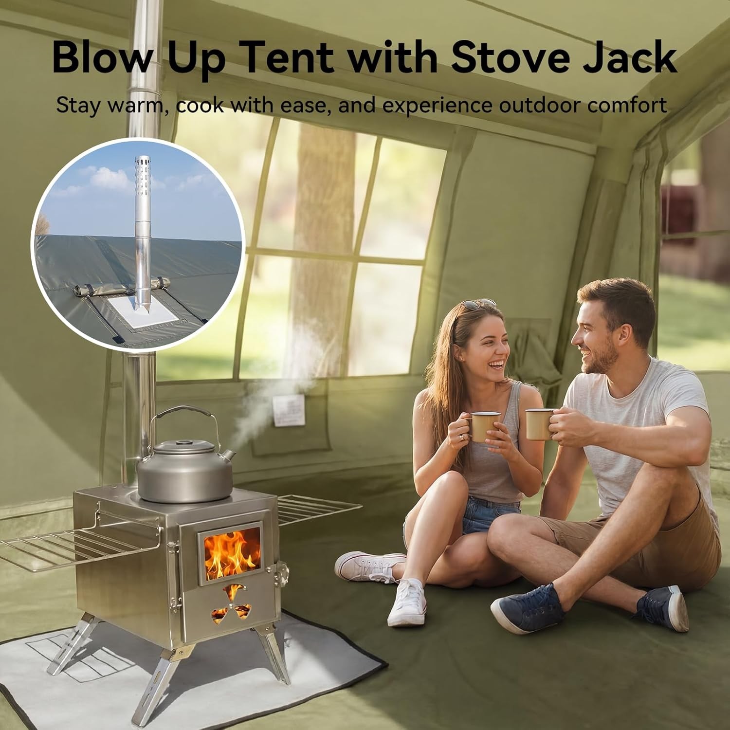 NAIZEA Inflatable Tent with Skylight Blow Up Tents w/Pump Stove Jack 6 Person