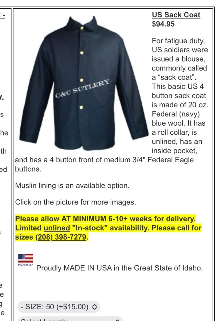 Civil War Union Wool Sack Coat Navy Blue Size 50 Repro by C&C Sutlery USA Made