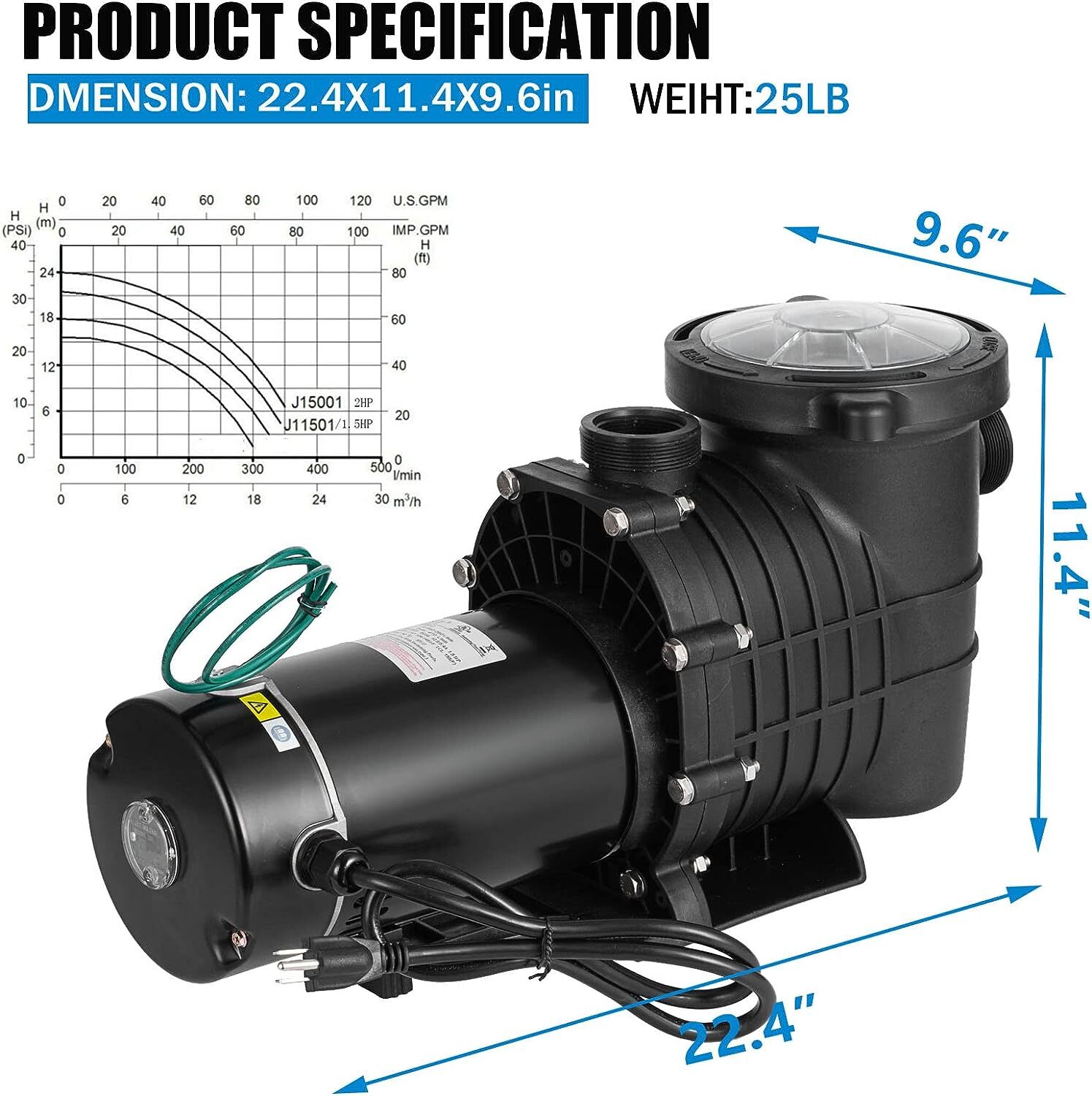 Hayward 1.5HP Swimming Pool Pump In/Above Ground w/ Filter Strainer & Connectors