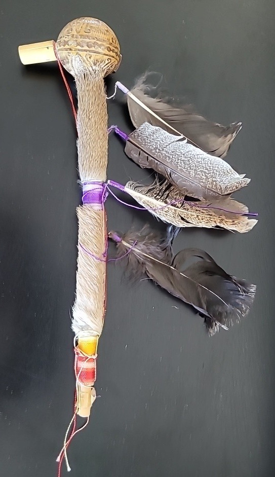 Vtg Native American Navajo  Talking Ceremonial Stick Turkey Feather Deer Fur