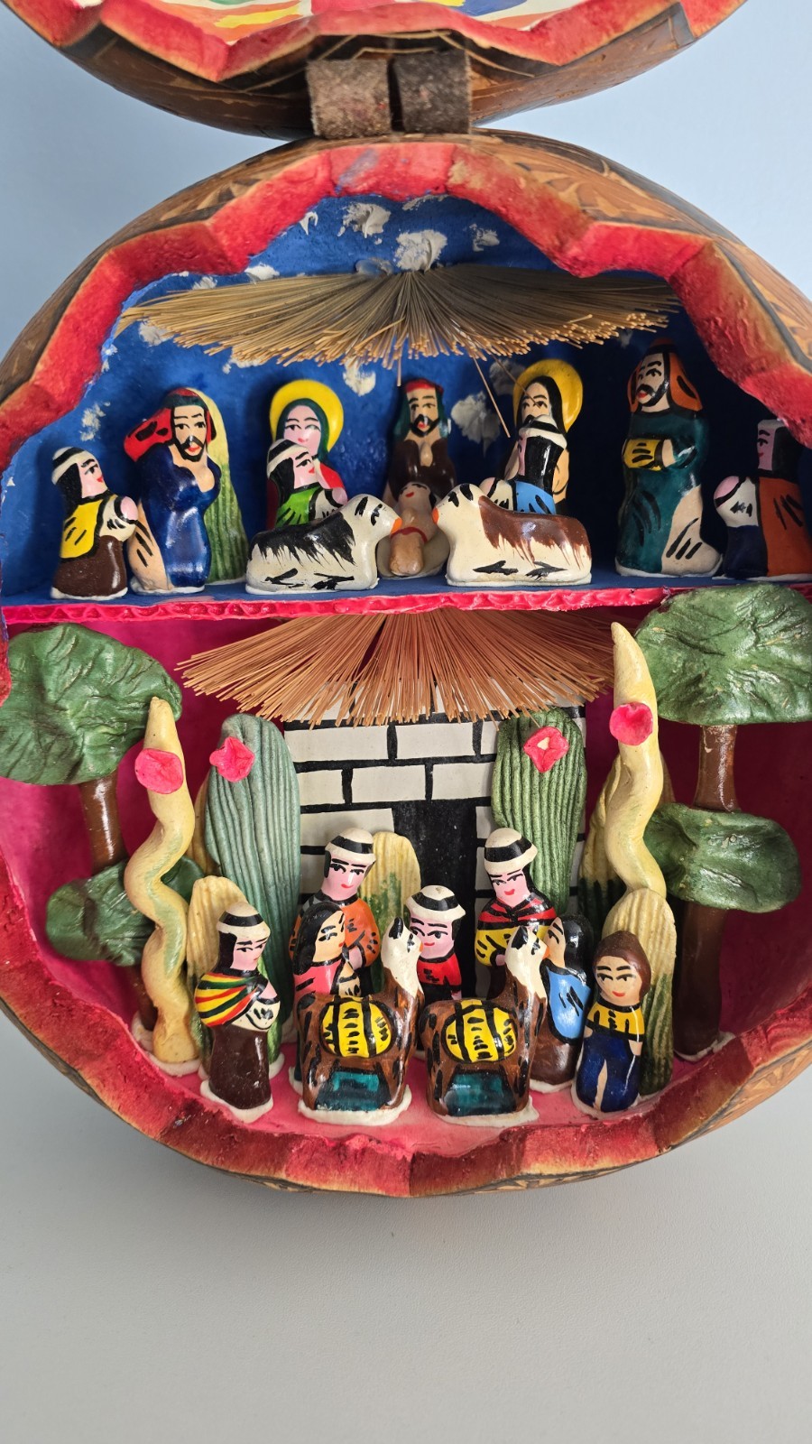 Vintage Handcarved PERUVIAN Peru Folk Art RETABLO Diorama Gourd Nativity Set