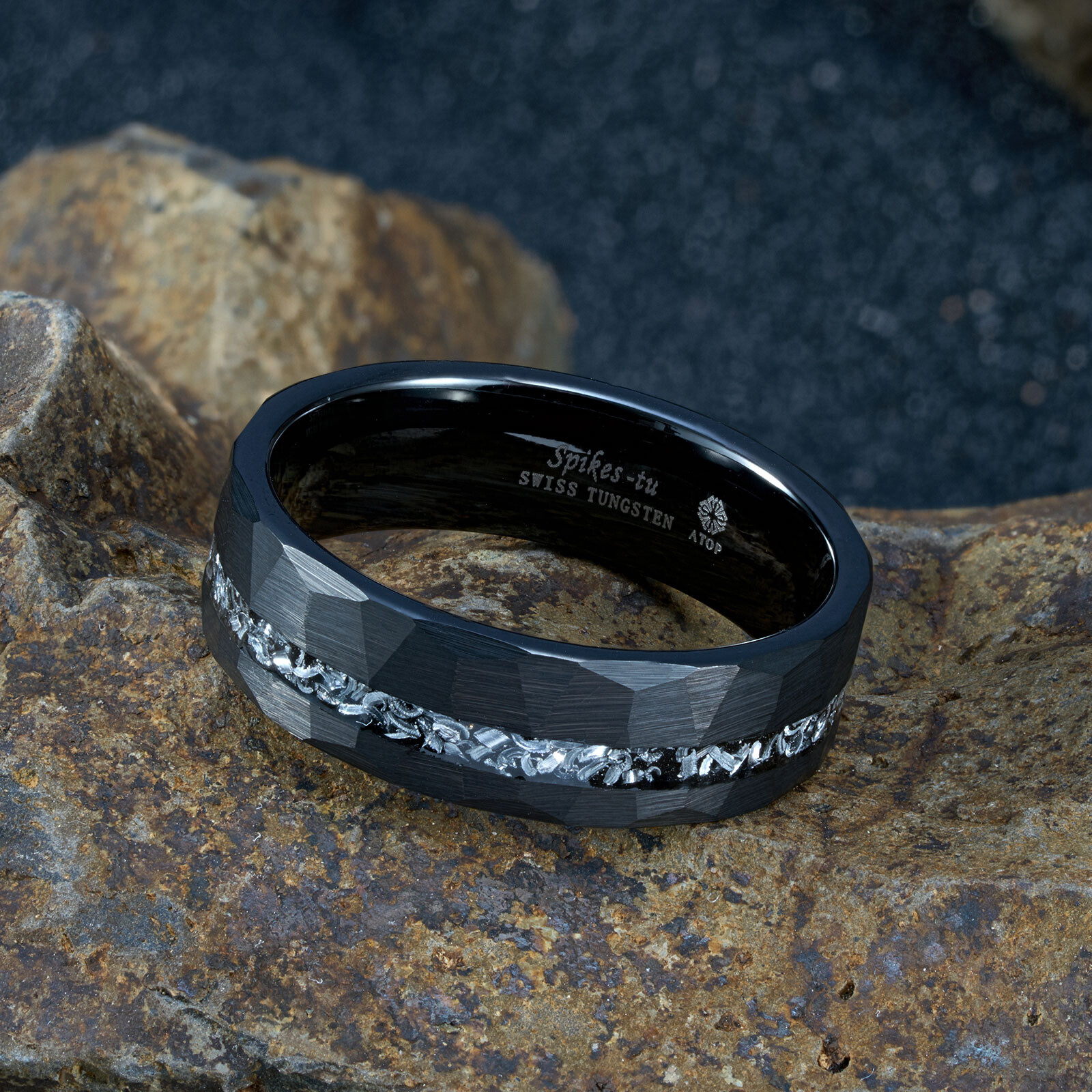 8mm Black Meteorite Tungsten Ring Sliver Line Mens Wedding Band ATOP Jewelry