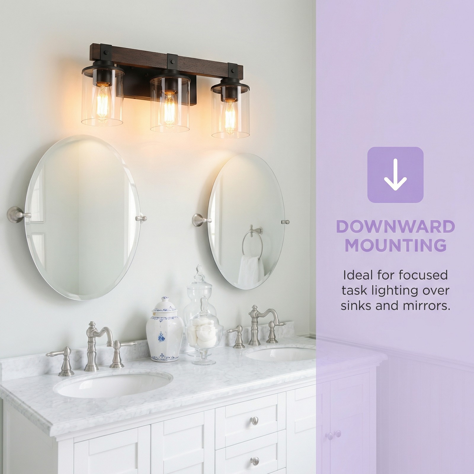 19" Vintage Vanity Light Bathroom Mirror Wall Lamp 3 Lights Rustic Wood Fixture