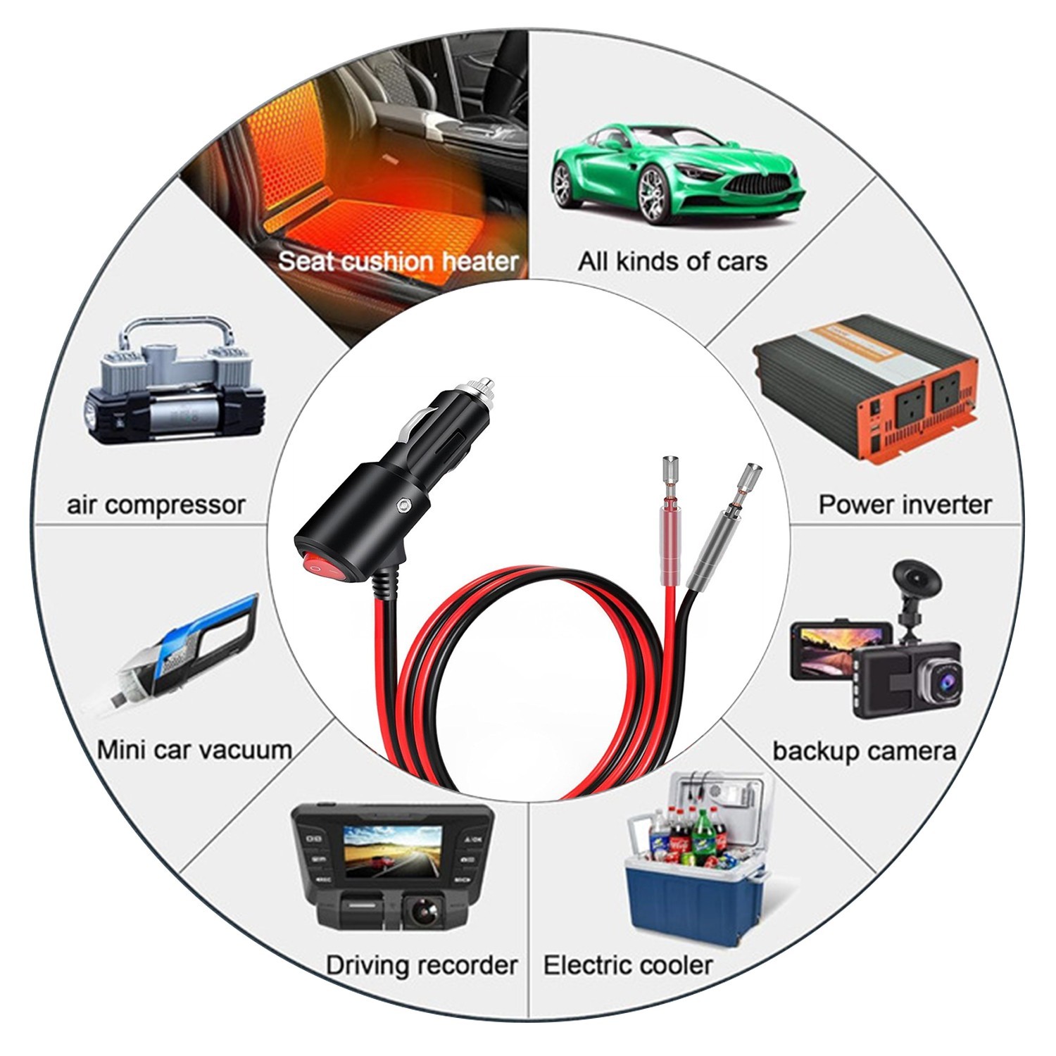 2pcs 12-24V Fused LED Car Cigarette Lighter Plug Socket Cable Adapter w/ Switch