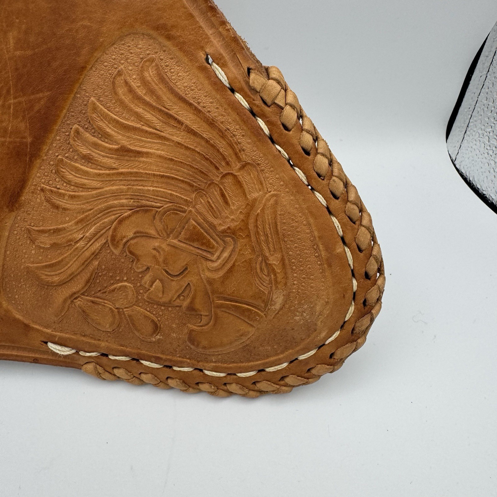 Vintage Hand Tooled Mexican Leather Aztec Calendar Tripod Saddle Stool Cover