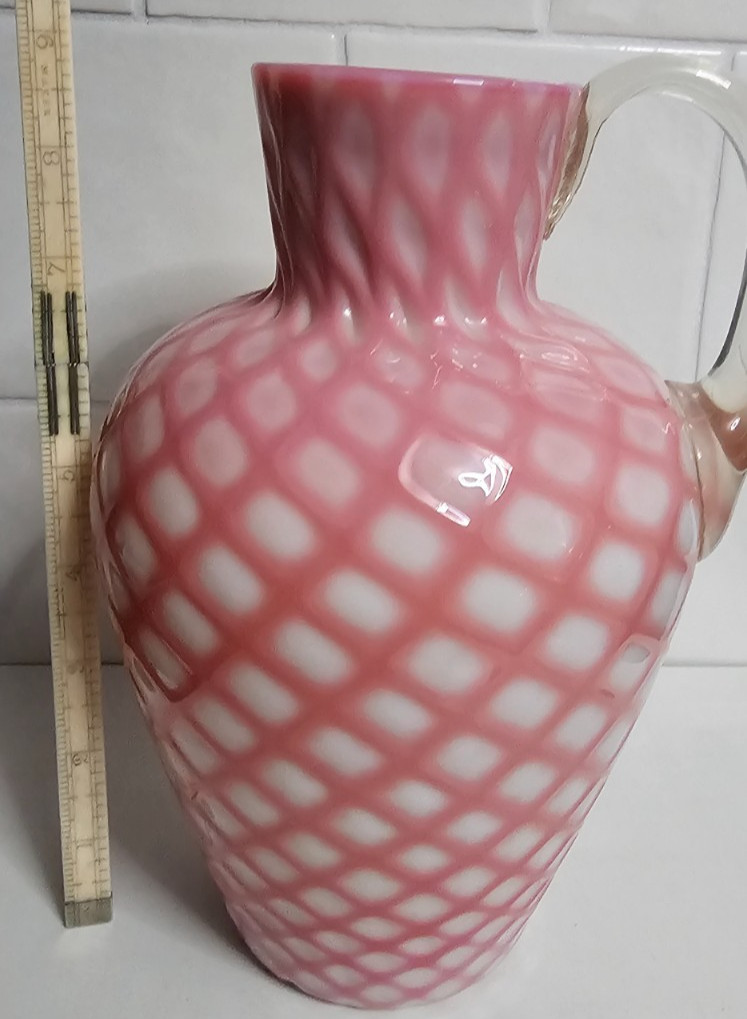 EAPG Victorian Glass Opaque Pink White Lattice Pitcher Jug