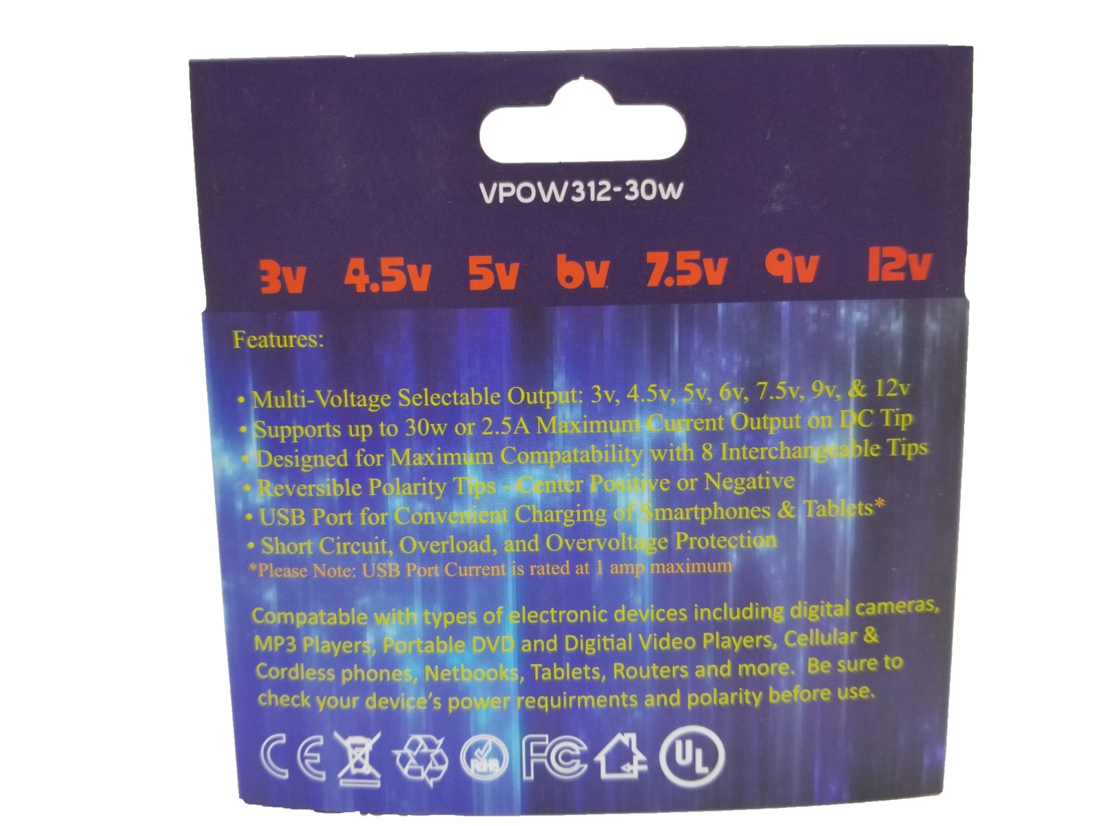 3v-12v AC/DC Universal Power Adapter 30W 2500ma Reversible Polary USB Port 8 Tip