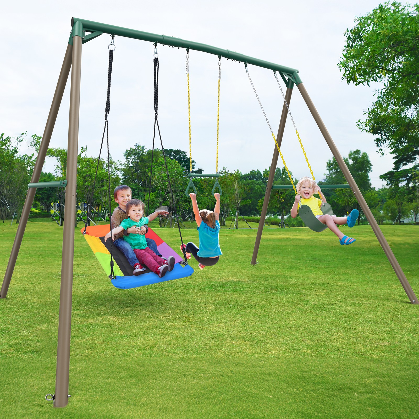 9.5ft Tall A-Frame Heavy Duty Metal Swing Set with 3 Swings and Trapeze Bar