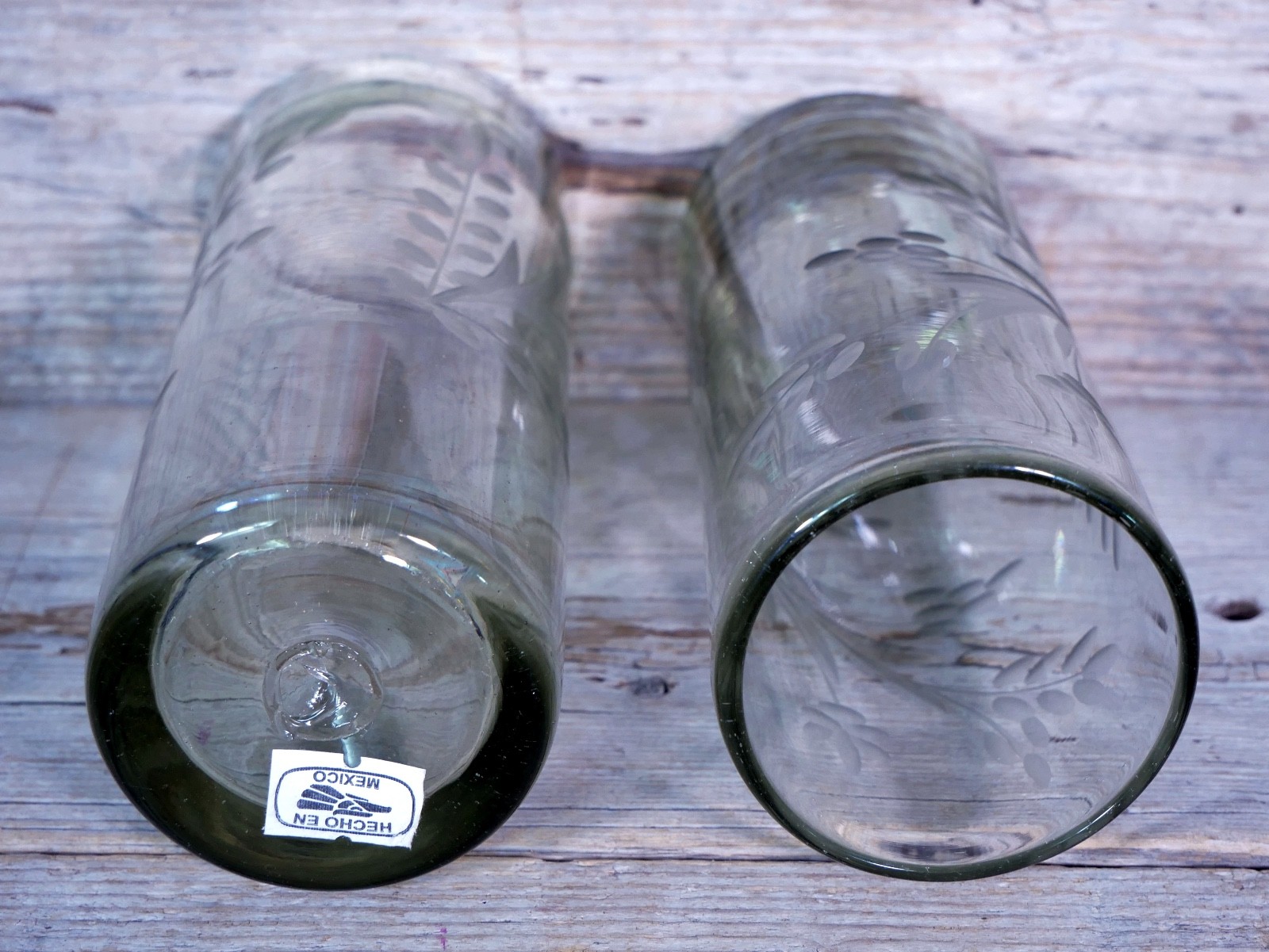 Set of 4 Tall Lemonade Glasses Handblown Hand Etched Pale Green Mexican Folk Art