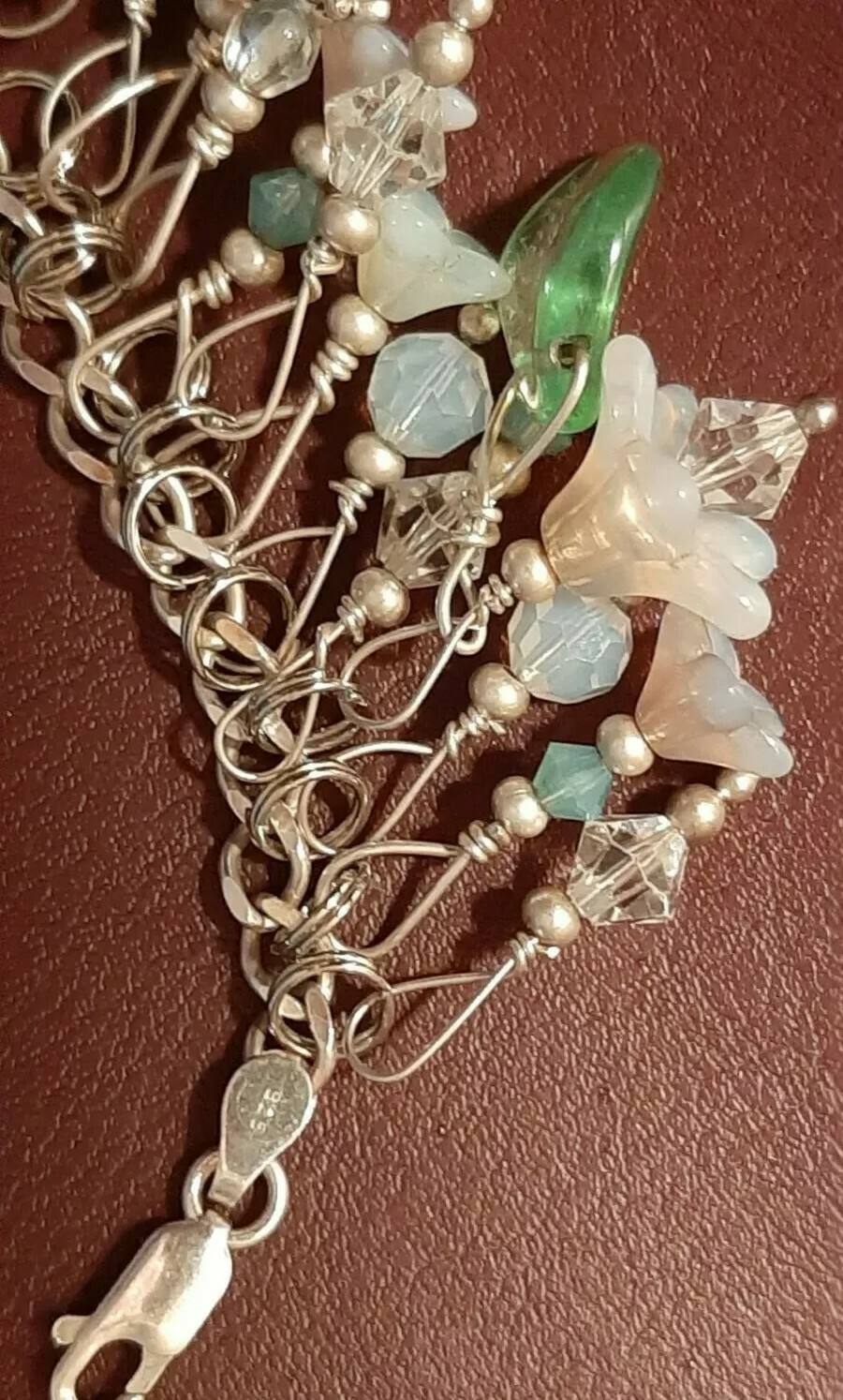 VTG Sterling Charm Braclet Pastel Dangle Opalescent Beads Flower Glass Lampwork