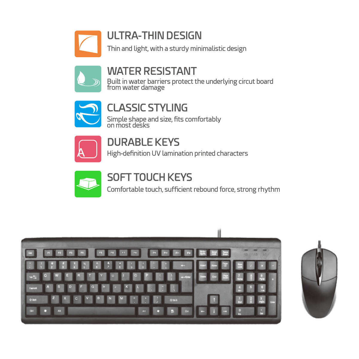 T15 Wired Keyboard & Mouse Combo, 9-Key, Water Resistant, Soft Touch Keys