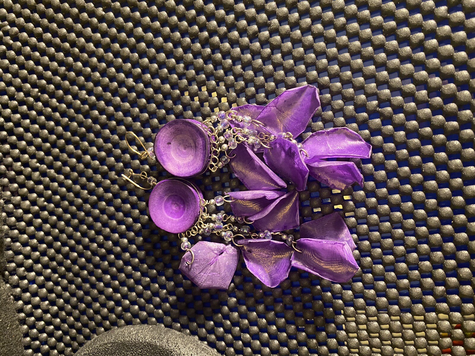 Artisan Purple Scales Leaf Shape On Round Sea Life Discs Dangle Beaded Earrings