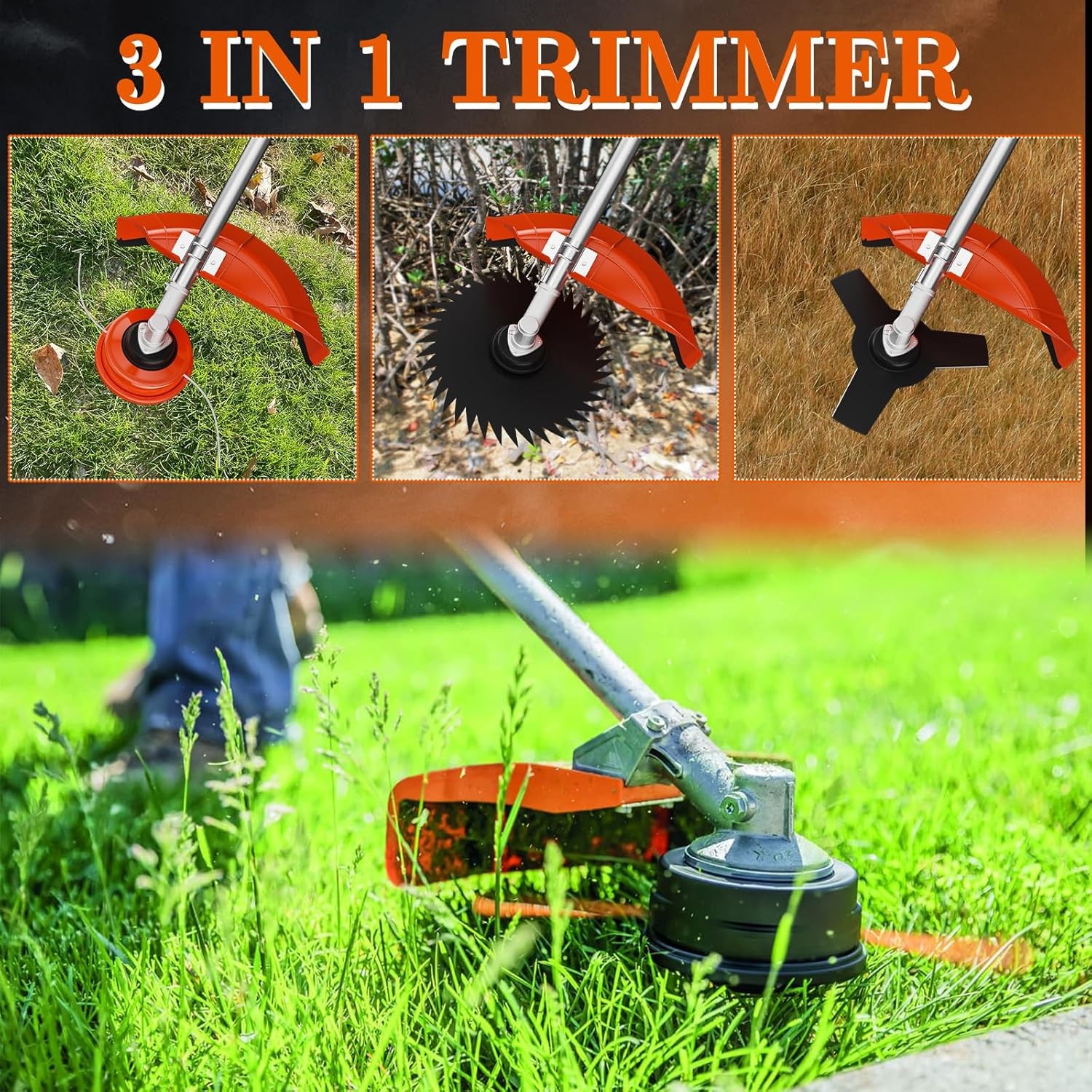 36cc Gas String Trimmer 2-Stroke 3 in 1 Brush Cutter Weed Eater Wacker Trimmer