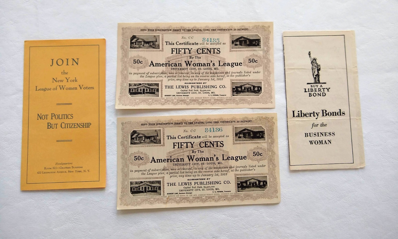 Women’s League, Voters, Liberty Bonds Lot of 4 Ephemera NYC & St Louis Paper