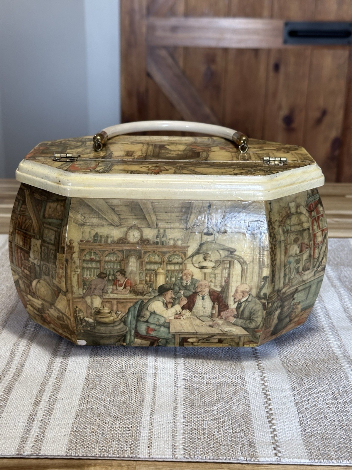 Anton Pieck Wooden Octagon Box Purse w/ Handle 9.5"×6" Vintage