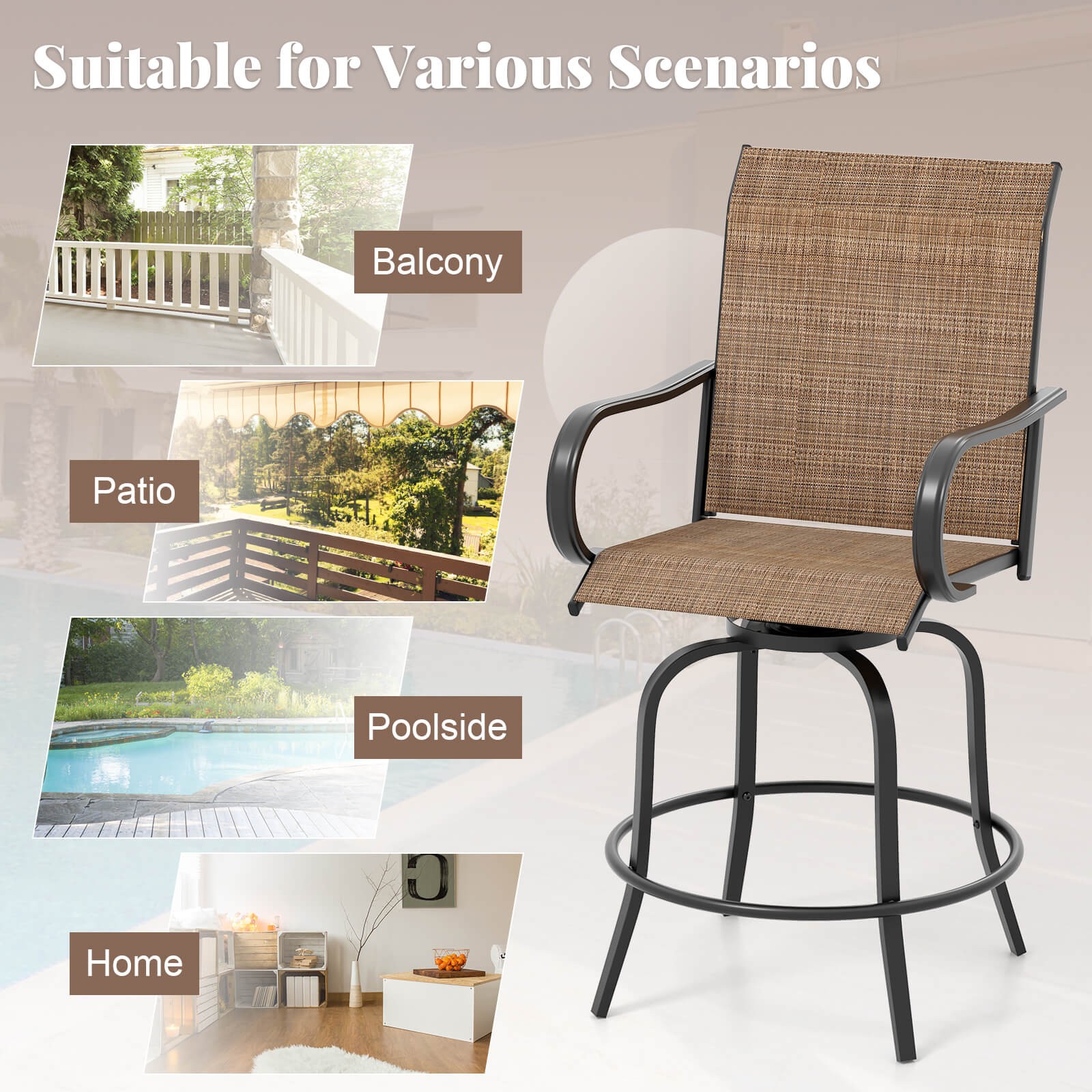 Outdoor Swivel Bar Stool Set of 4 w/Breathable Fabric and Heavy Duty Metal Frame