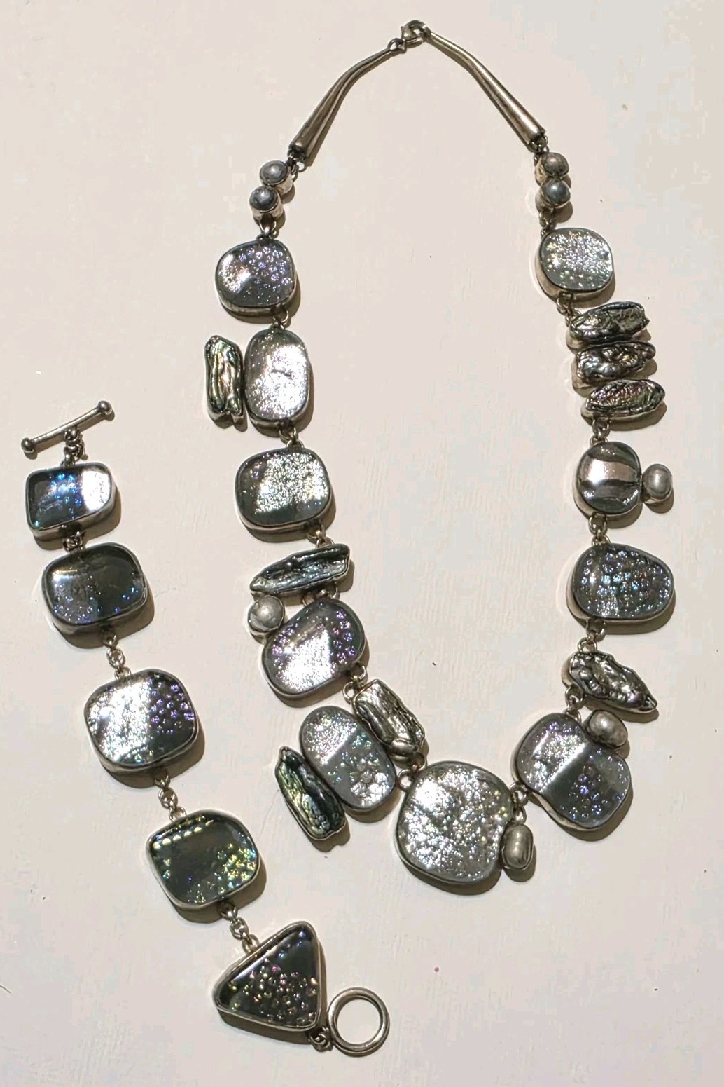 Signed Sterling Silver Dichroic Art Glass Necklace Bracelet Set Large Statement