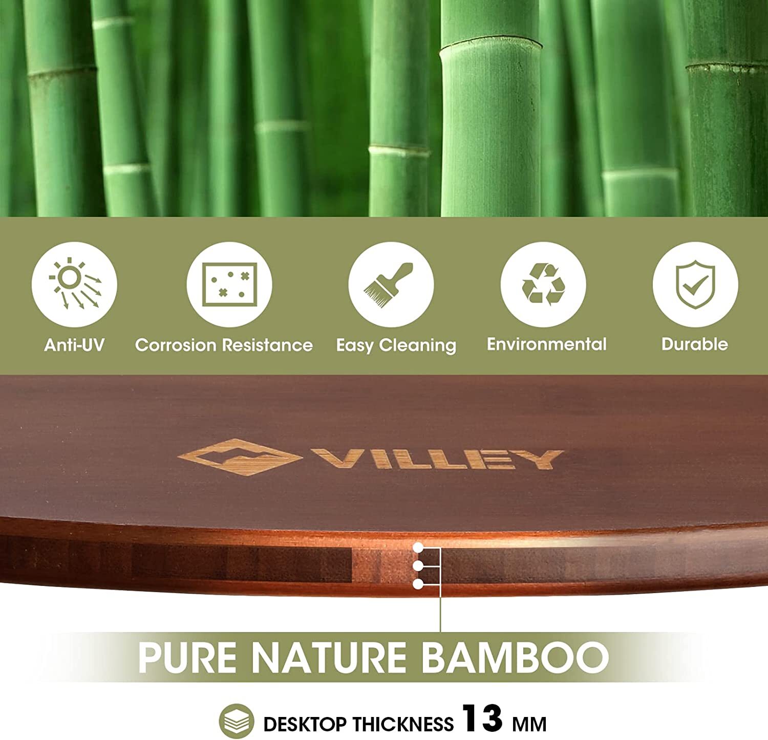 VILLEY Bamboo Round Folding Table with Carrying Bag Half-fold Portable Aluminum