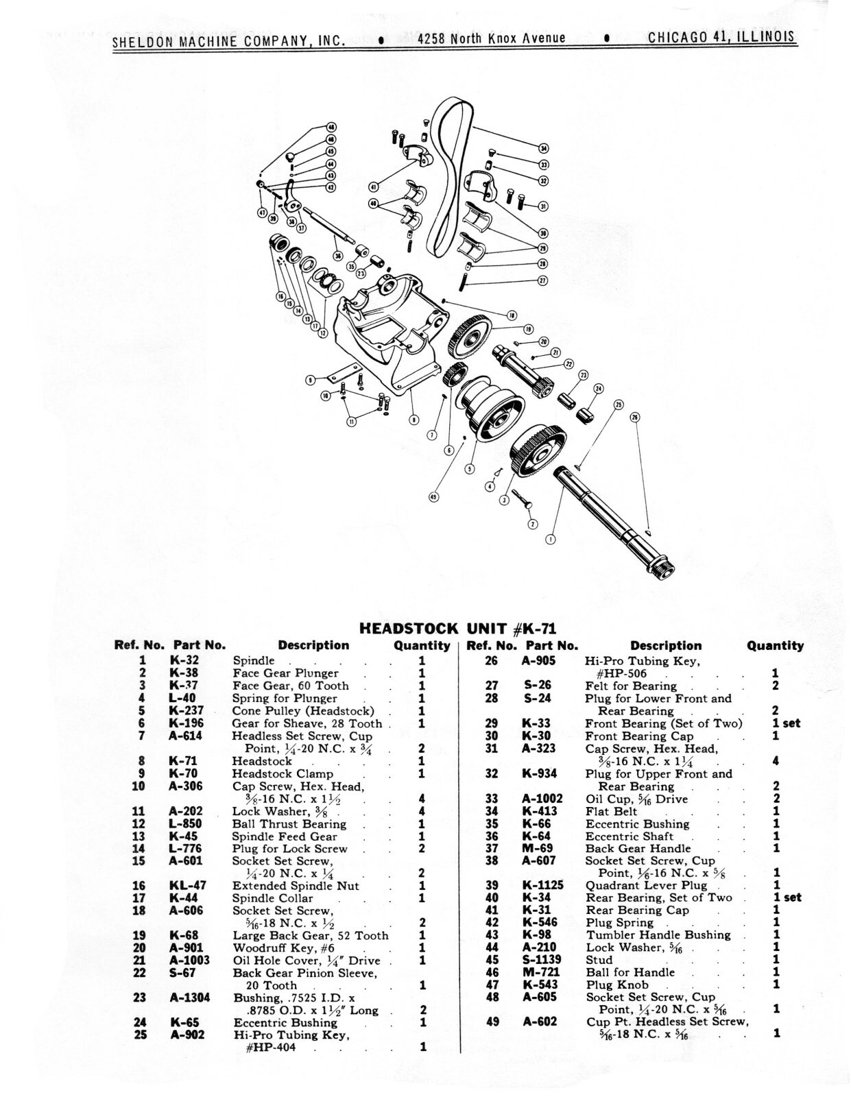 Sheldon 11" Lathe Models S-56 & KS Replacement Parts List Manual #1208