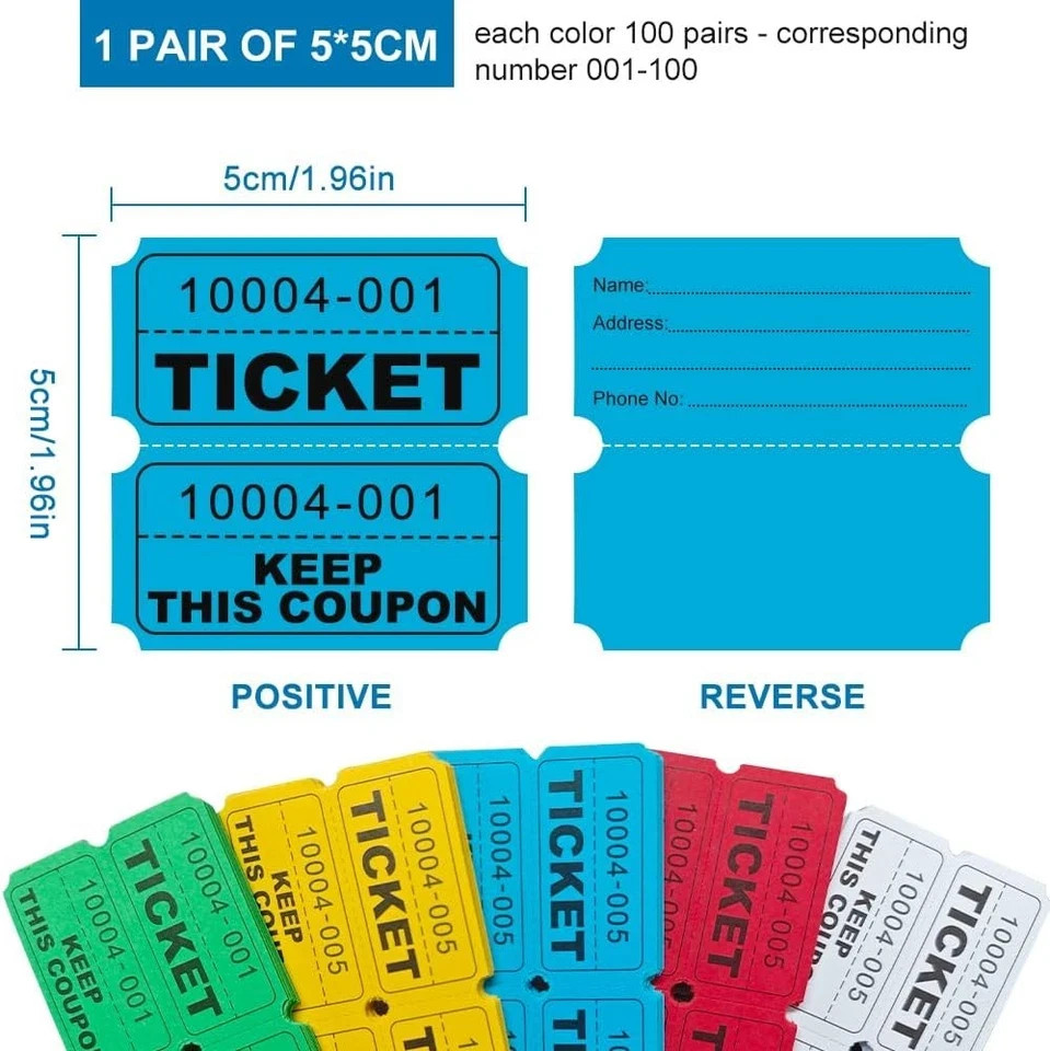 1000 Pcs Raffle Tickets Roll, 50/50 for Small, 5 Colors