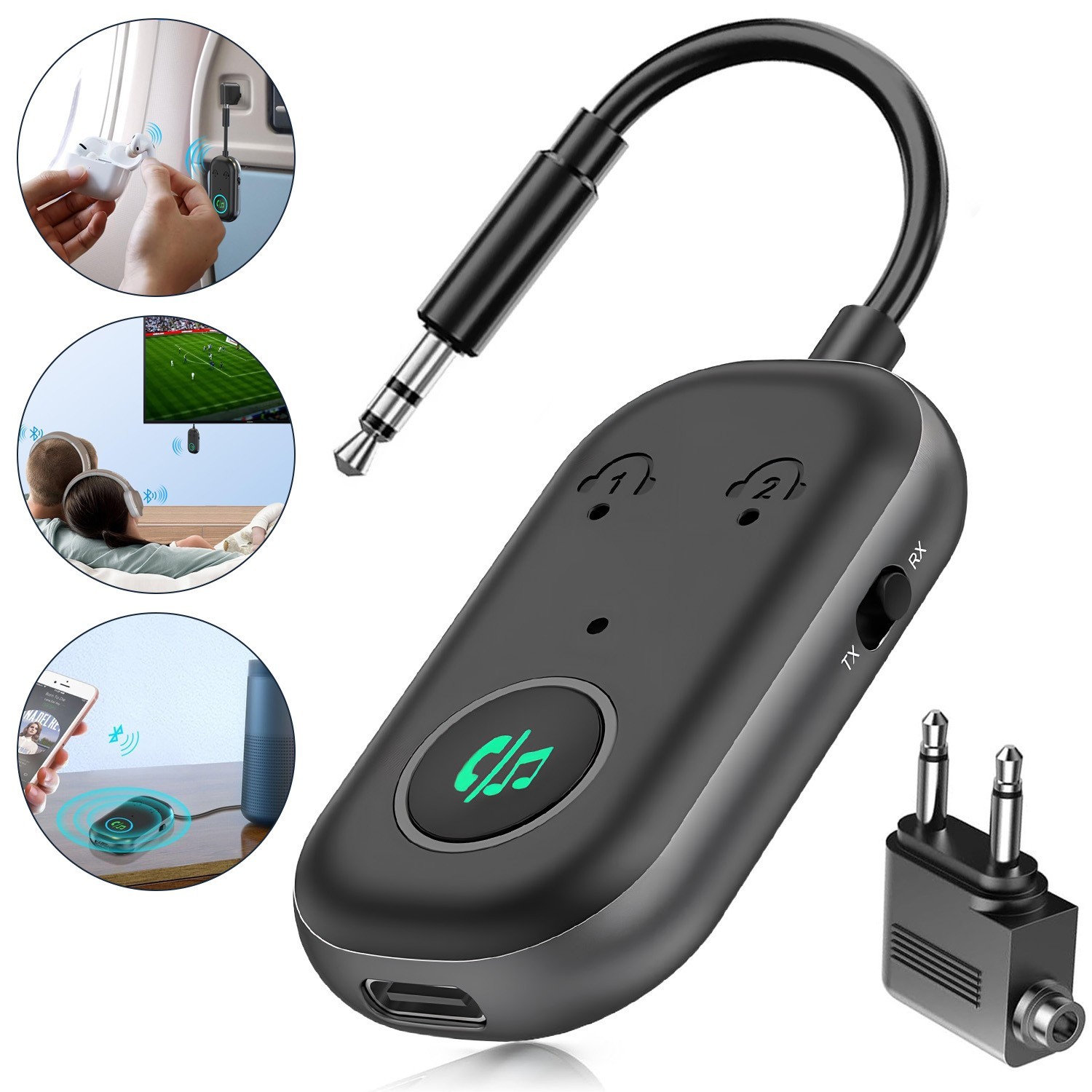 Bluetooth Transmitter Receiver Wireless Adapter 3.5MM Aux Jack, Dual Connection