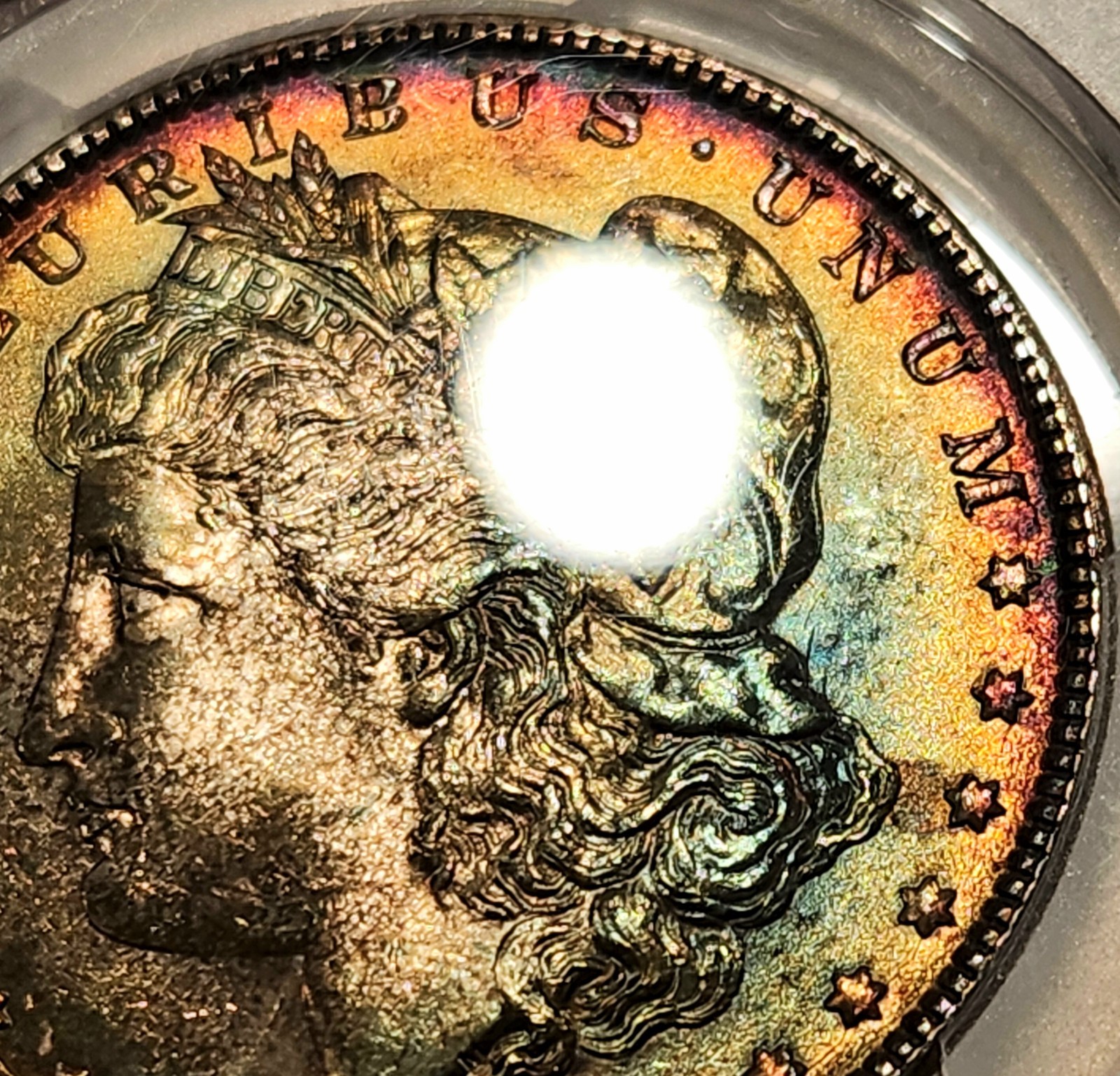 1887 Morgan Silver Dollar PCGS MS65 – Gorgeous Gold & Emerald Toning – Gem BU $1