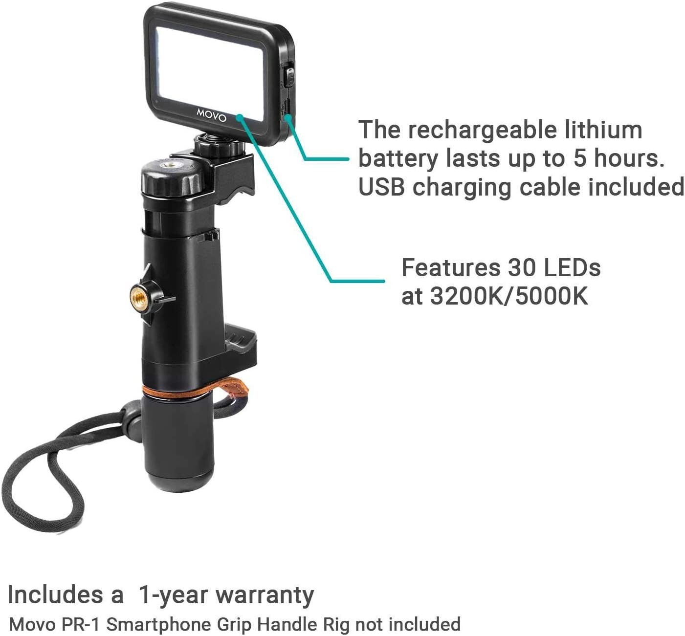 Movo LED-30 Rechargeable Mini LED Video Light Panel with Adjustable Brightness