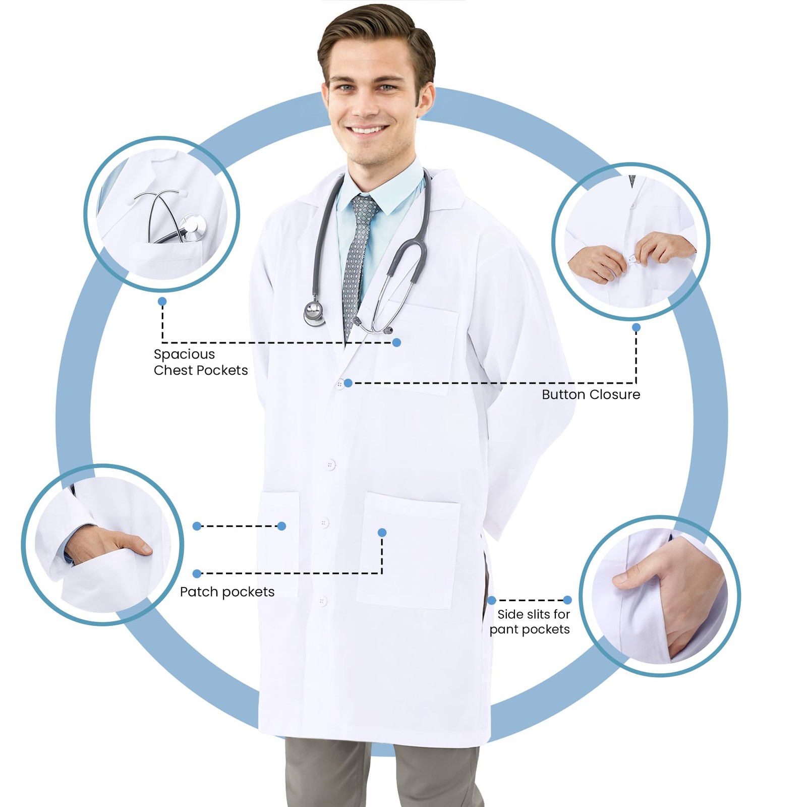 Professional Lab Coat for Men Long Sleeve Poly Cotton Medical Coat 1 Pack, Me...