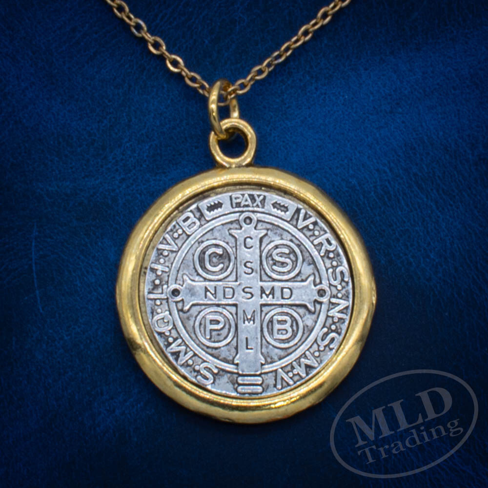 Saint St Benedict Medal Pendant Necklace: Silver w/ Gold Border, 1", 18" Chain