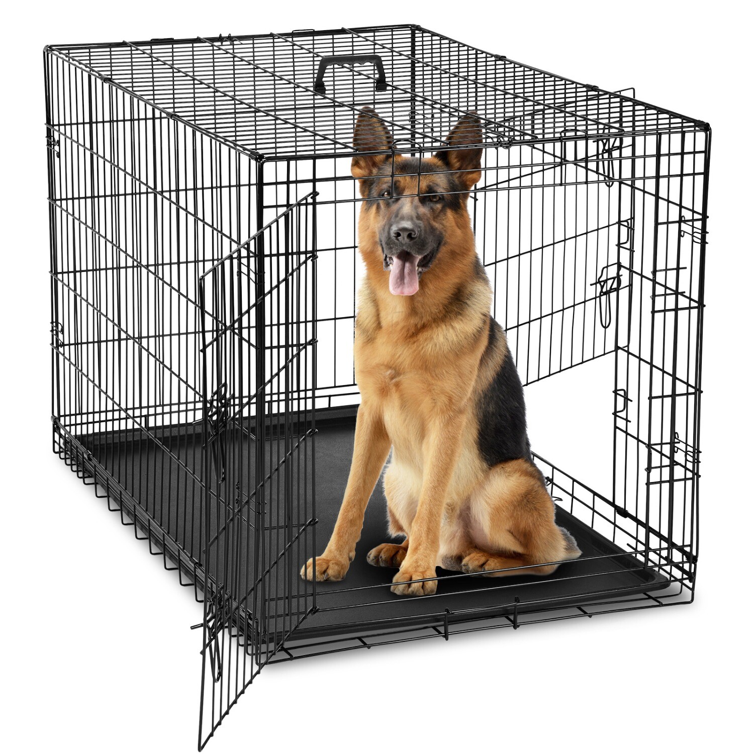 Foldable Metal Wire Dog Crate, Double Door,with Divider Panel & Plastic Pan Tray