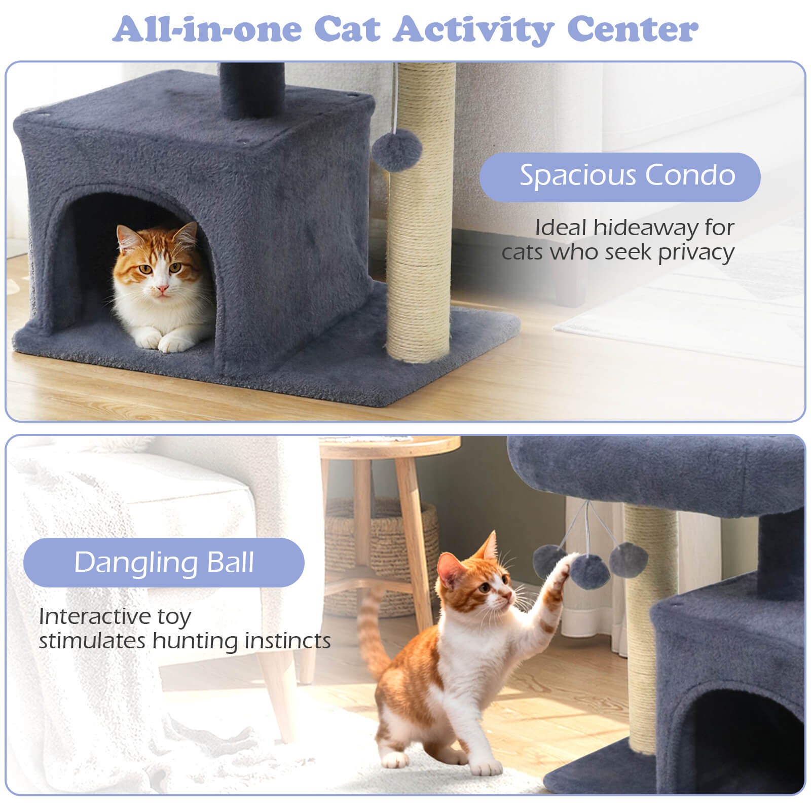 19.5” Small Cat Tree w/Large Padded Plush Perch Condo Sisal Scratching Posts