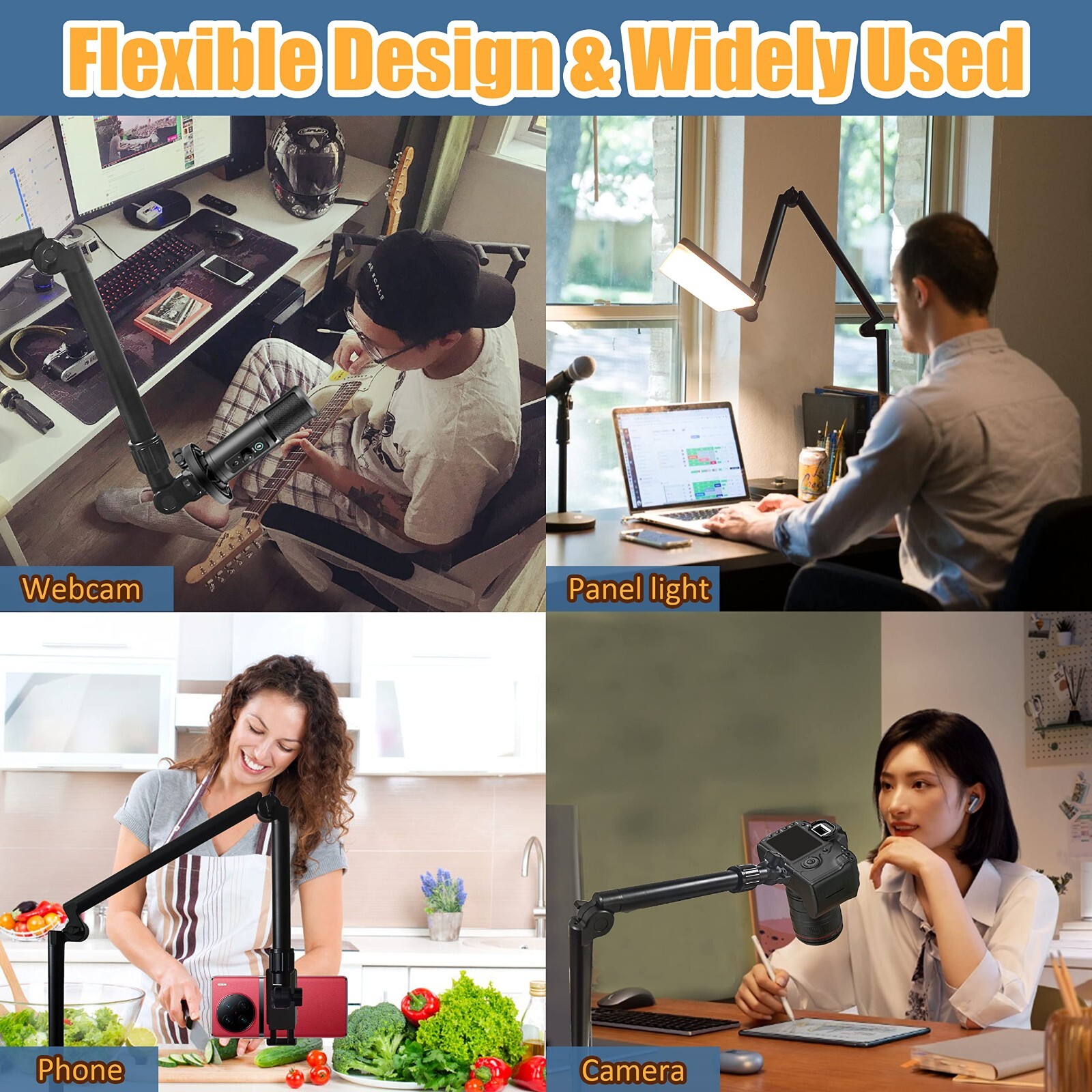 Overhead Camera Mount Desk Stand, 3-Section Flexible Detachable Articulating Arm