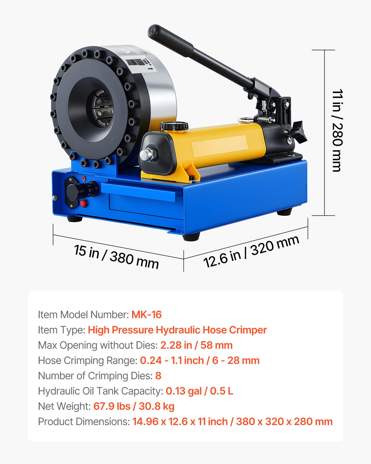 VEVOR High Pressure Hose Crimping Tool Manual Hydraulic Hose Crimper with 8 Dies