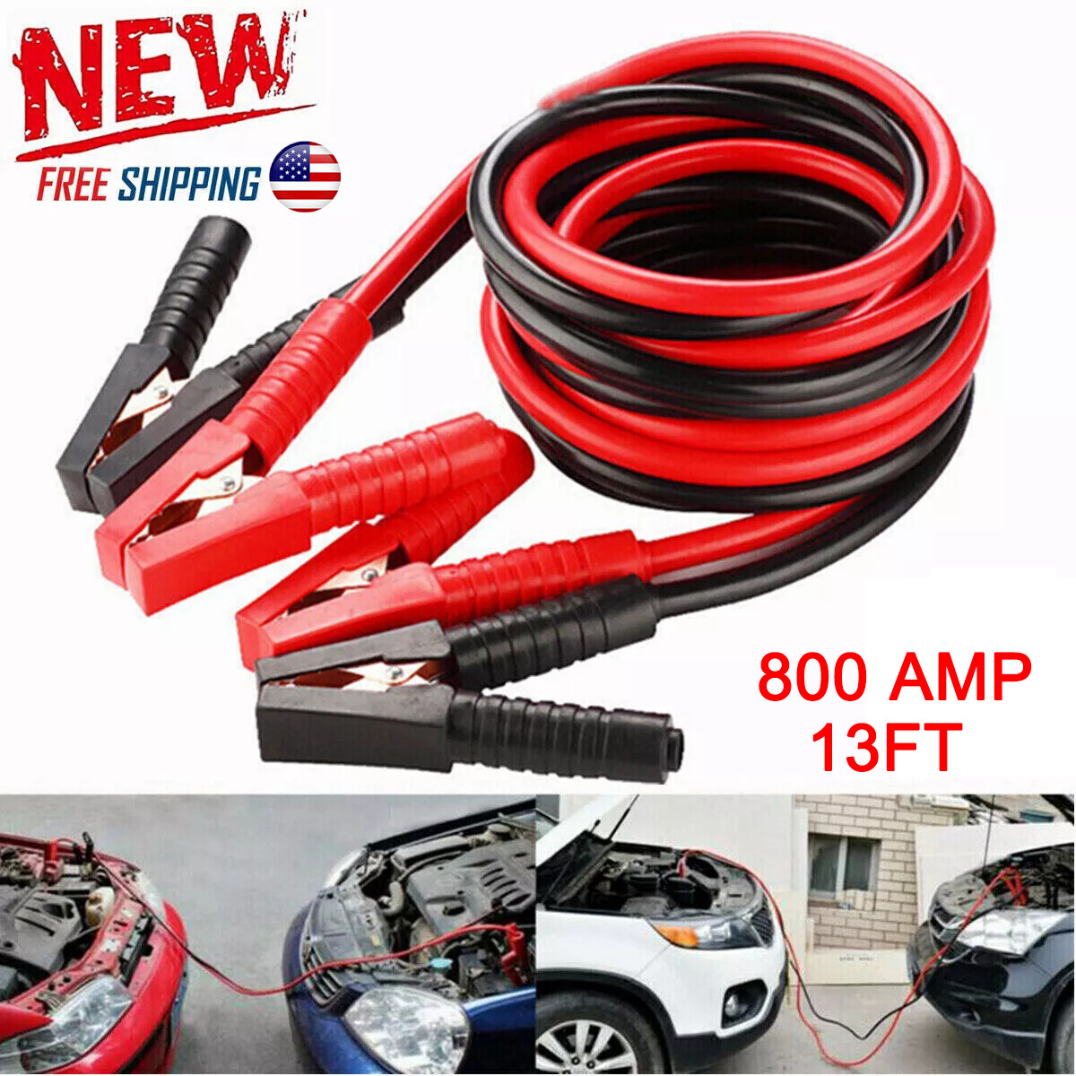 13FT Heavy Duty 2 Gauge Battery Booster Cable Emergency Power Jumper 800 Amp USA