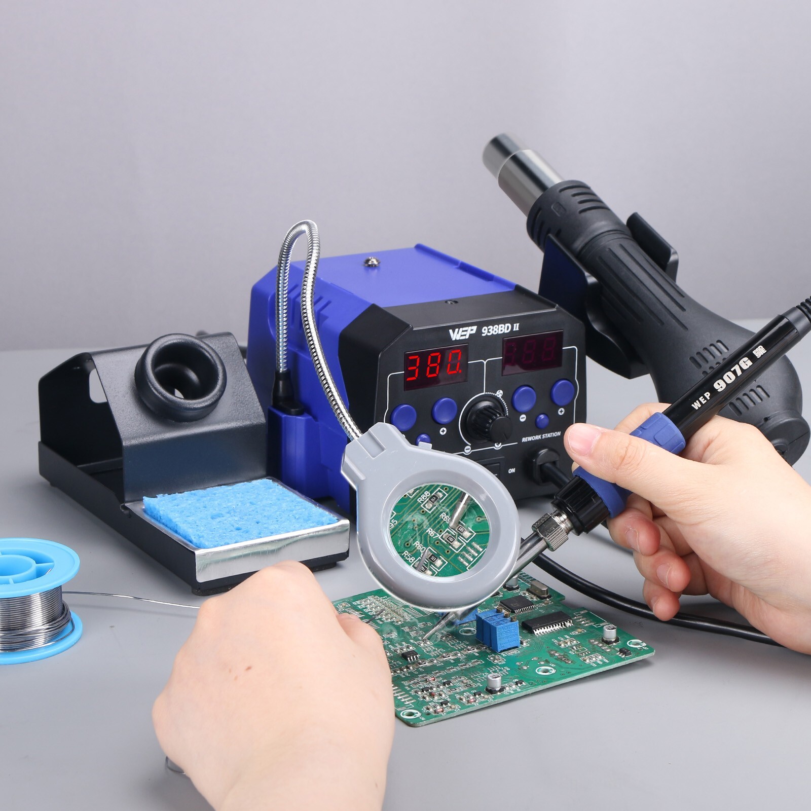 WEP 938BD-II Soldering Iron Station Hot Air Gun Desolder Station with LED Lamp