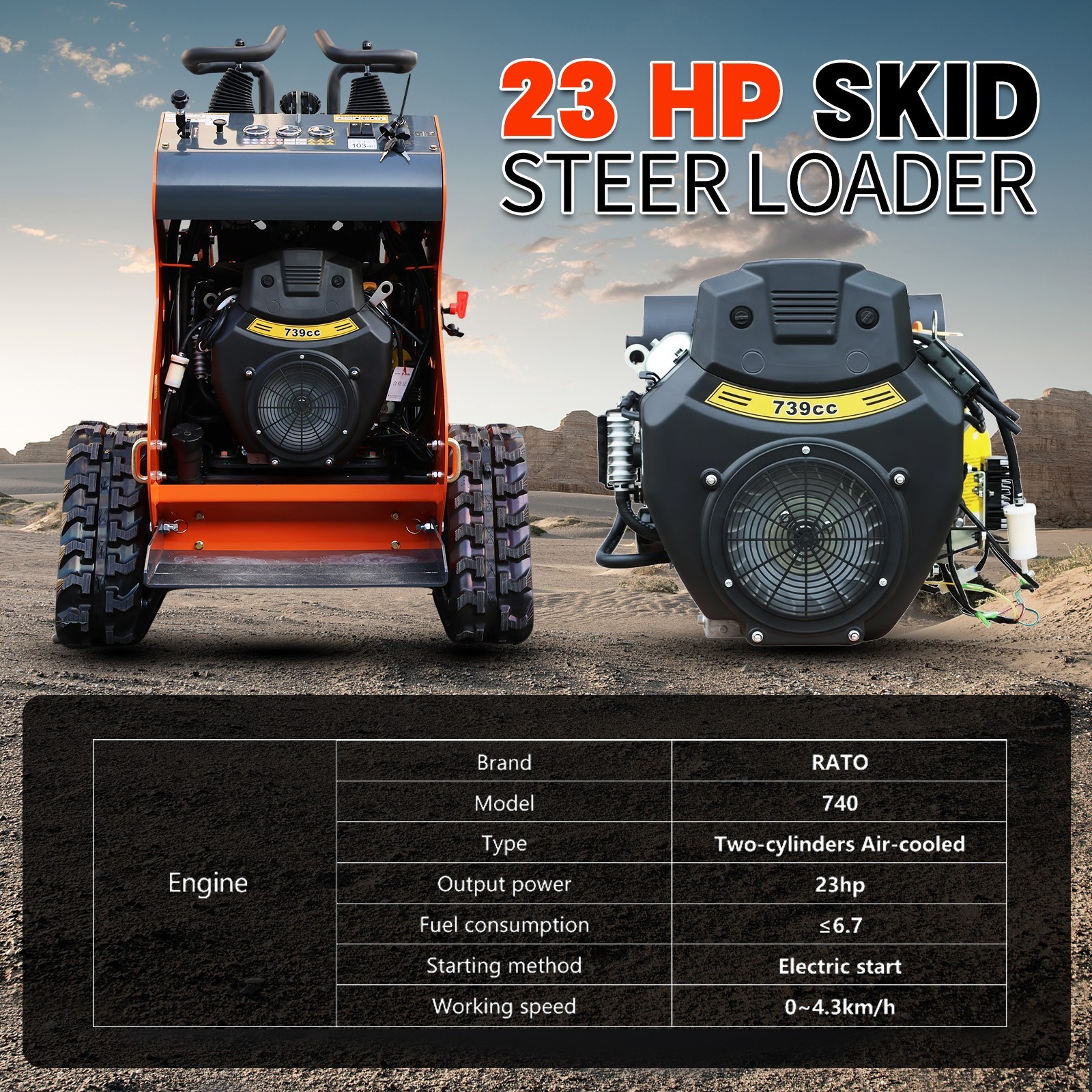 24HP Mini Skid Steer Loader 2-Cylinder Engine with Pallet Fork