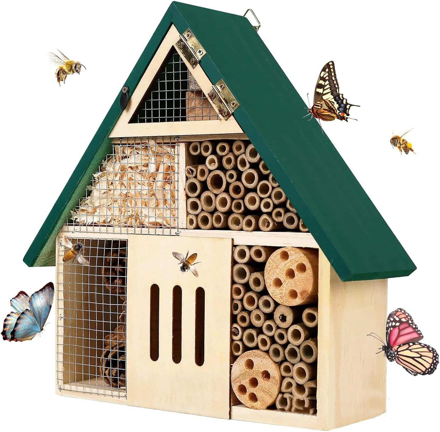 Bee House Hanging Insect Hotel – Natural Wooden Bee Hotel for Outdoors, DIY Inse