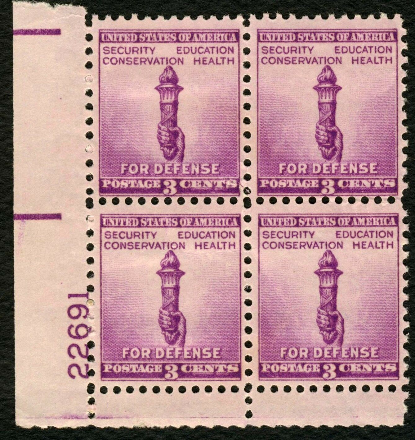 1940 WWII For Defense Plate Block of 4 3c Postage Stamps, Sc# 901, MNH, OG