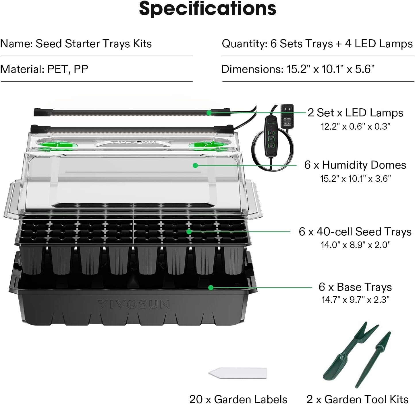 VIVOSUN 6-Pack 240-Cell Seed Starter Trays Kit 2 Set Dimmable LED Grow Light Bar