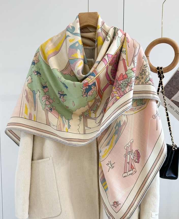 70% Cashmere 30% Silk Wrap Scarf Pink horse Print Double Face Print Shawl 53''