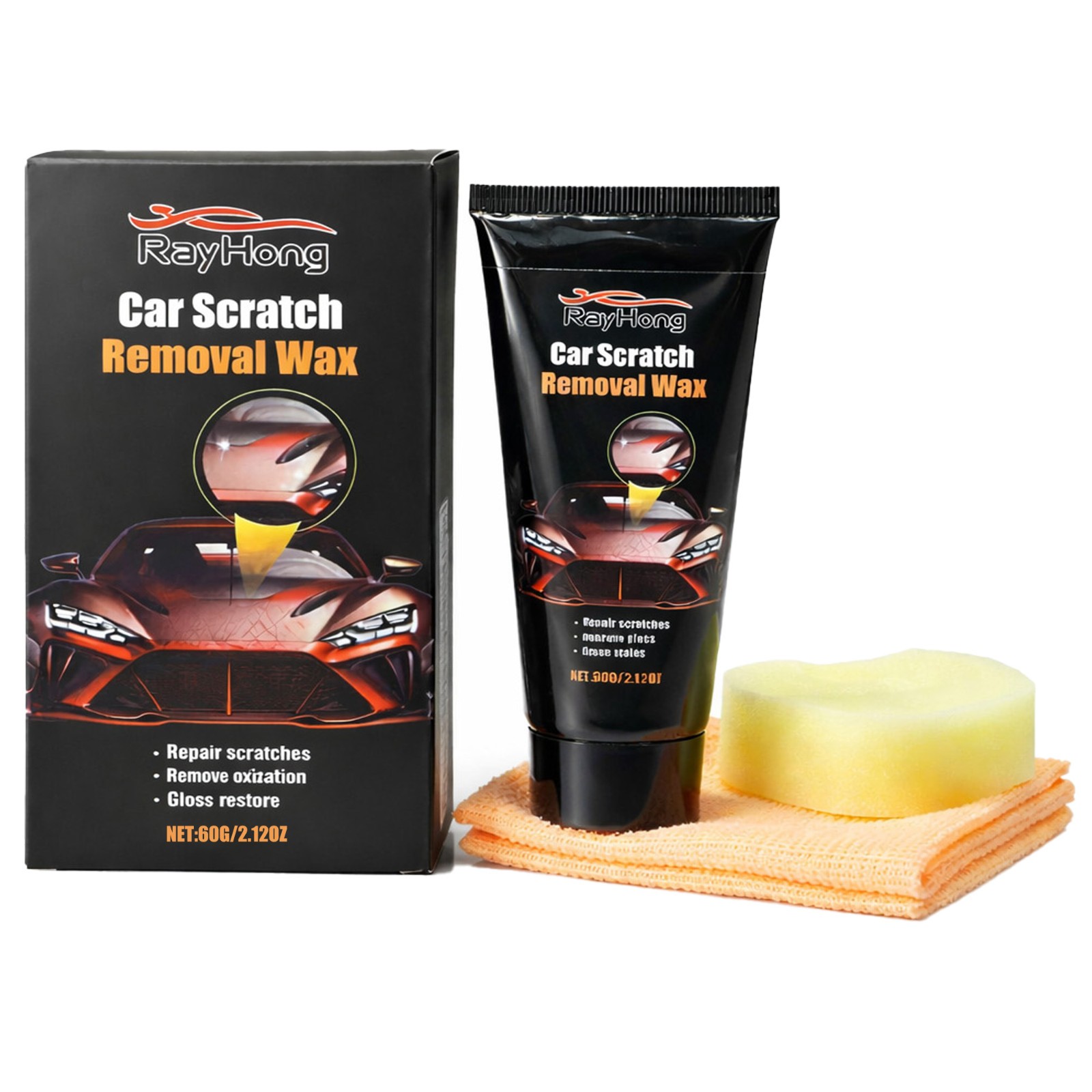 Car Scratch Removal Wax Kit 60g Repair Polish w/ Sponge & Microfiber Cloth