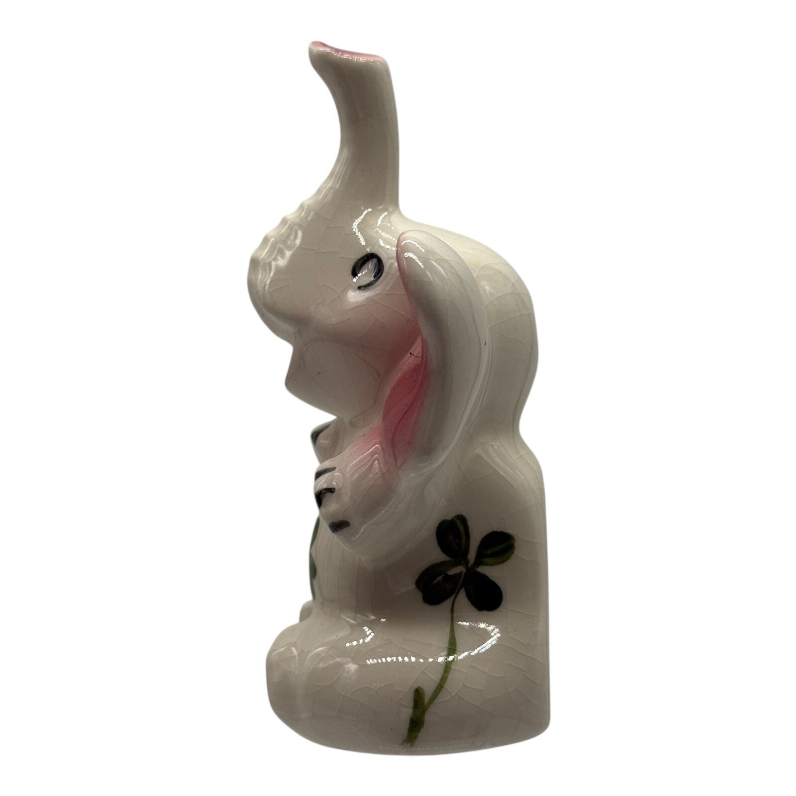 Elephant Figurine Lucky Shamrock Trunk Up Ceramic Good Luck Decor Vintage Cute