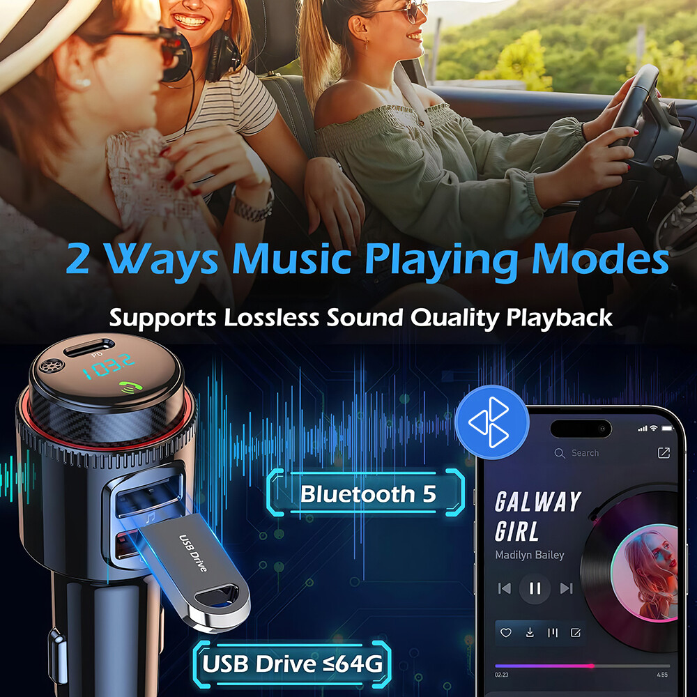 Car Bluetooth FM Transmitter PD 45W Car Charger Power Adapter Cigarette Lighter