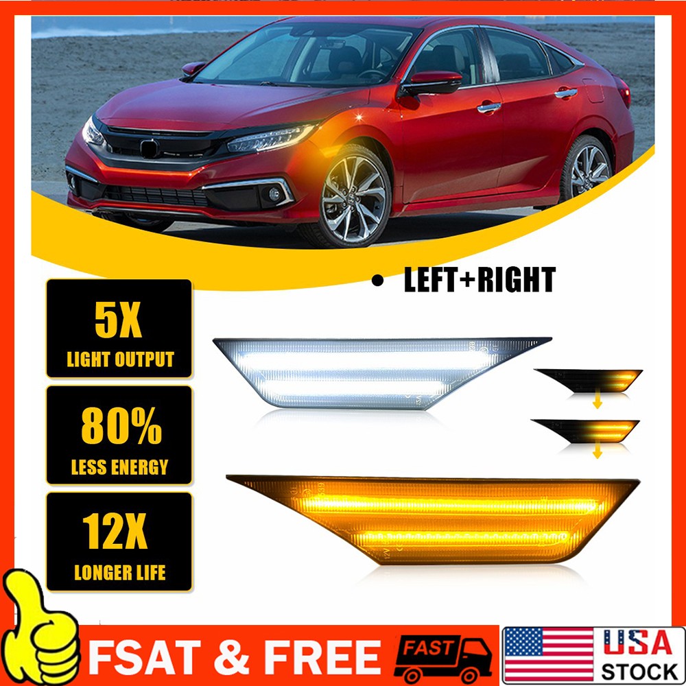 Smoked Sequential Signal LED Side Marker Lights For 16-21 Honda Civic 1-10Set
