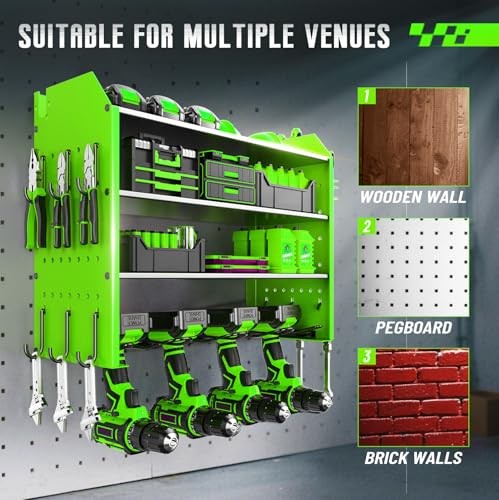 Power Tool Organizer Wall Mount with Charging Station, 4 Layers Garage Storage