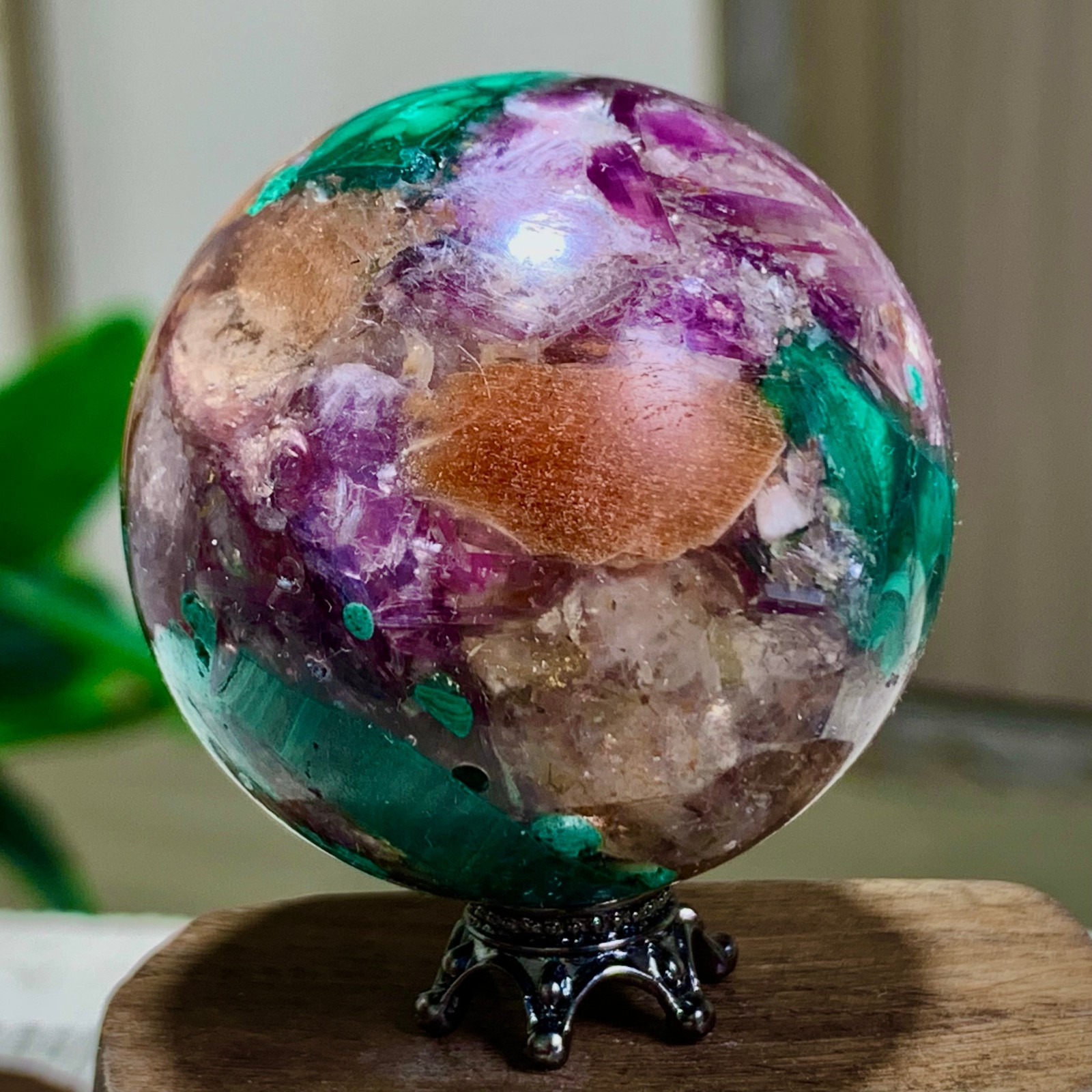 117G Newly discovered rare malachite purple mica symbiotic sphere restoration